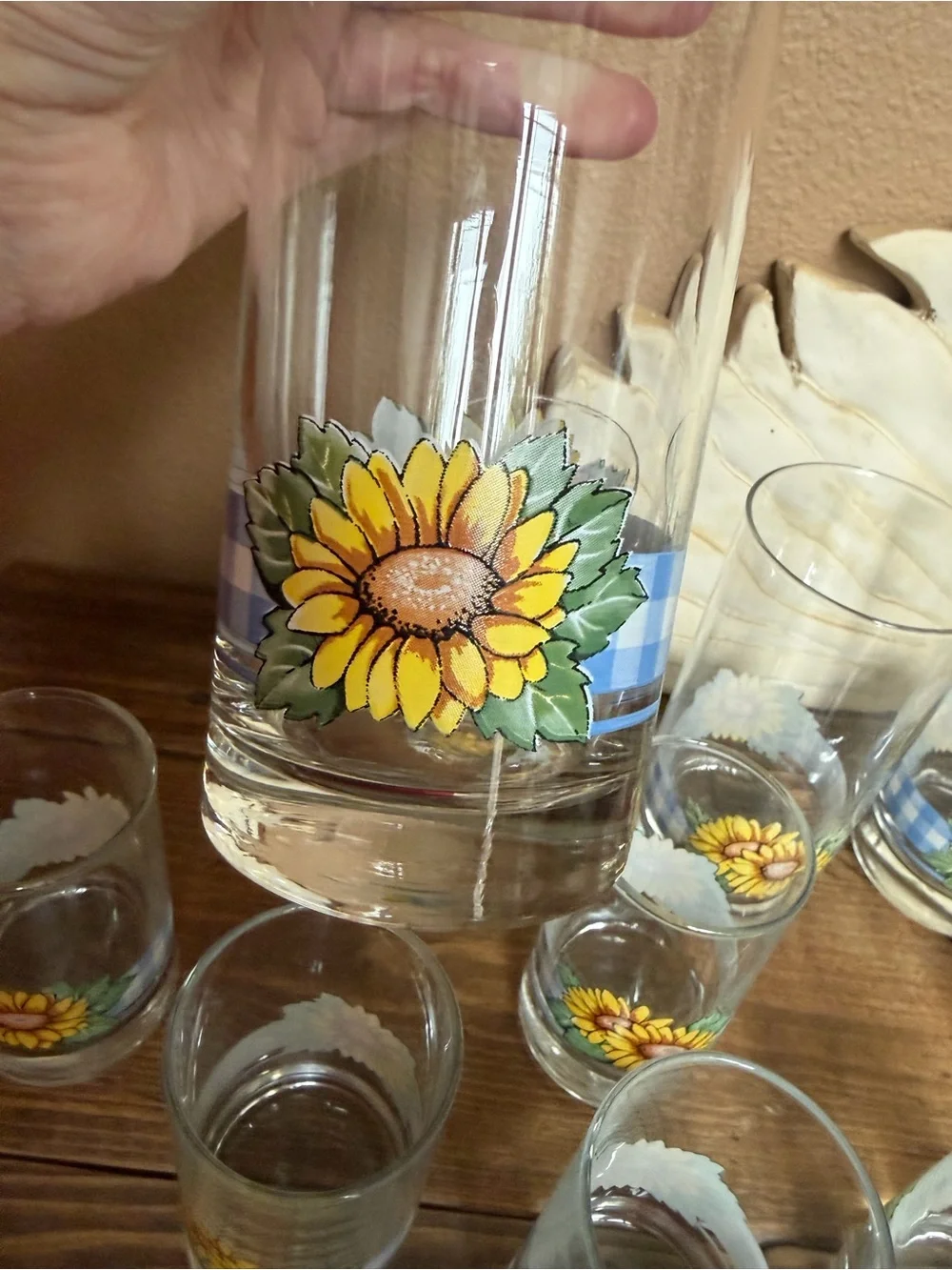 Corelle Vintage Sunflower Blue Plaid Print Drinking Glasses lot of 10!